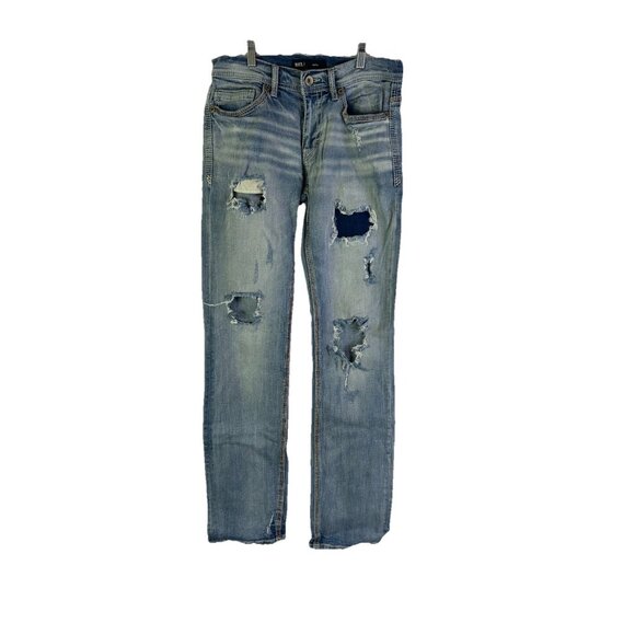 BKE Buckle Aiden Slim Fit Distressed Thick Stitched Denim Blue Jeans - Picture 1 of 11